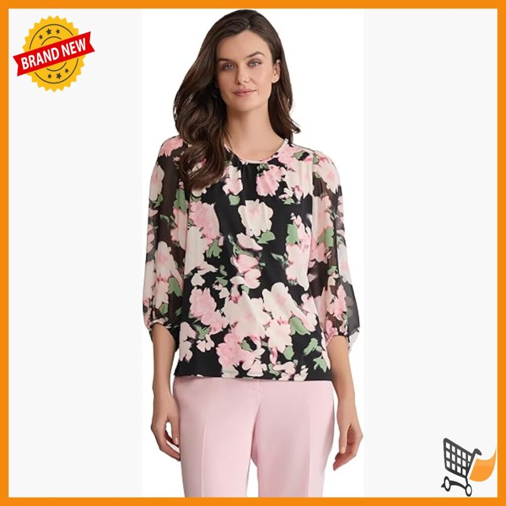 Long Sleeve Printed Chiffon Top with Balloon Sleeves, Regular Fit